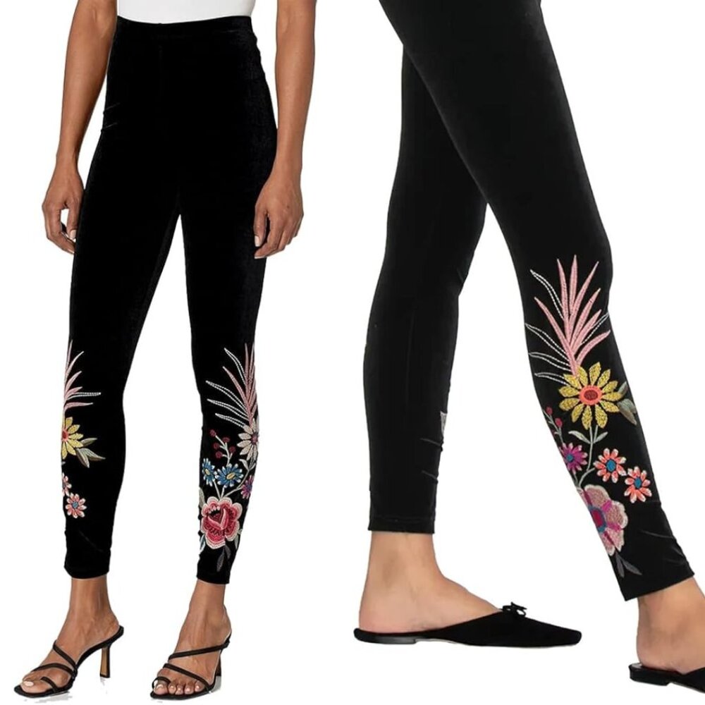 NWT Johnny Was Tiarei Black Velvet High Waist Leggings Boho Chic Western Cowgirl